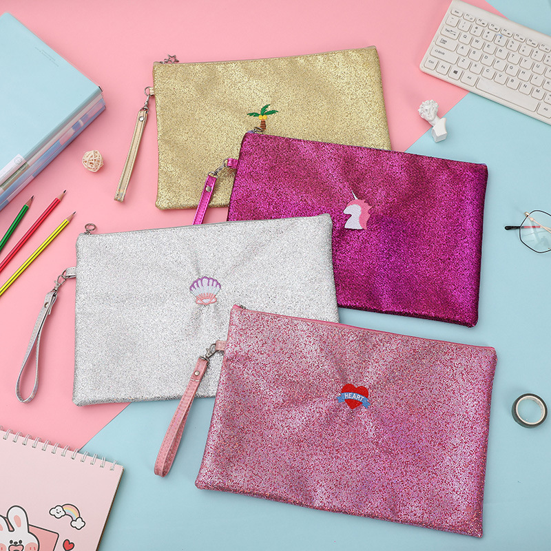 Factory direct supply of office supplies, sequined zipper file bags, hand-held document bags, student stationery wholesale file bags Specification image