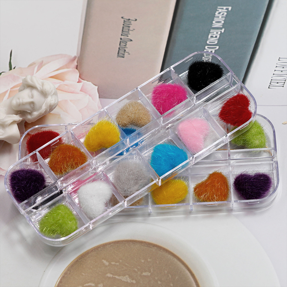 Cross border new detachable hairball Nail accessories Winter DIY decorative color 12 grid set hairball