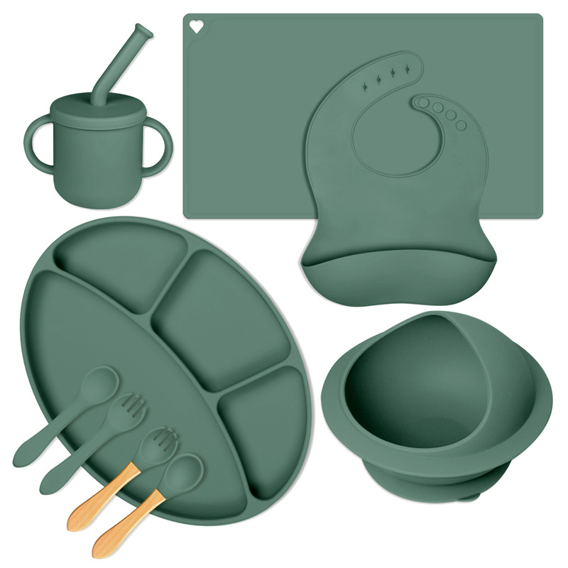 Amazon's best-selling baby silicone four-compartment dinner plate, oval baby tableware set, children's complementary food bowl, fork, spoon and bib Specification drawing