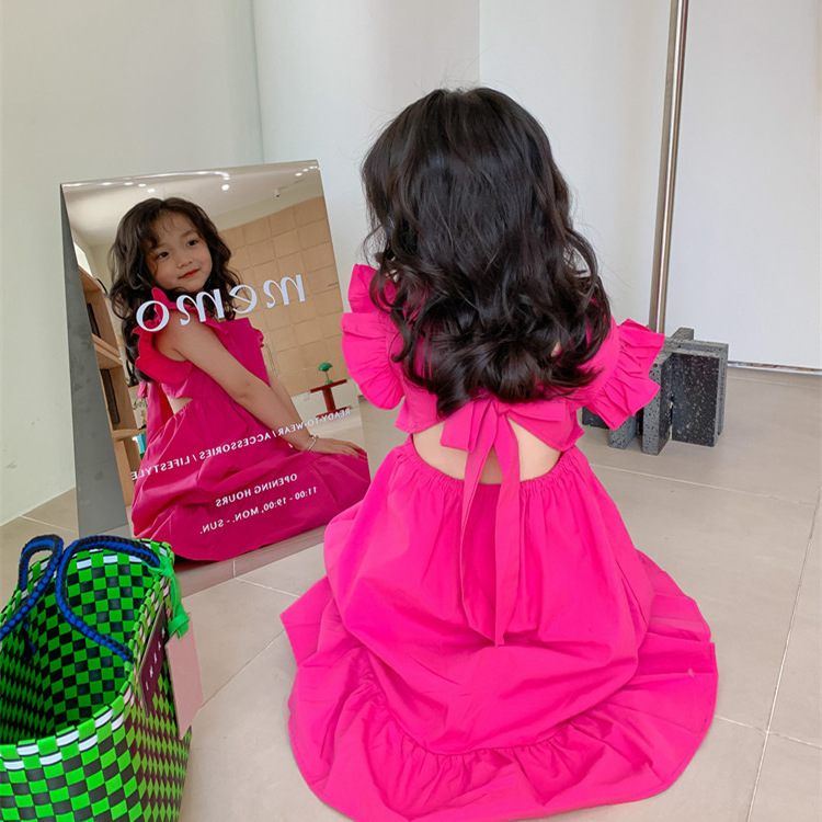 Summer girls' backless big bow dress Korean version fluorescent color flying sleeve ruffled skirt Specification image