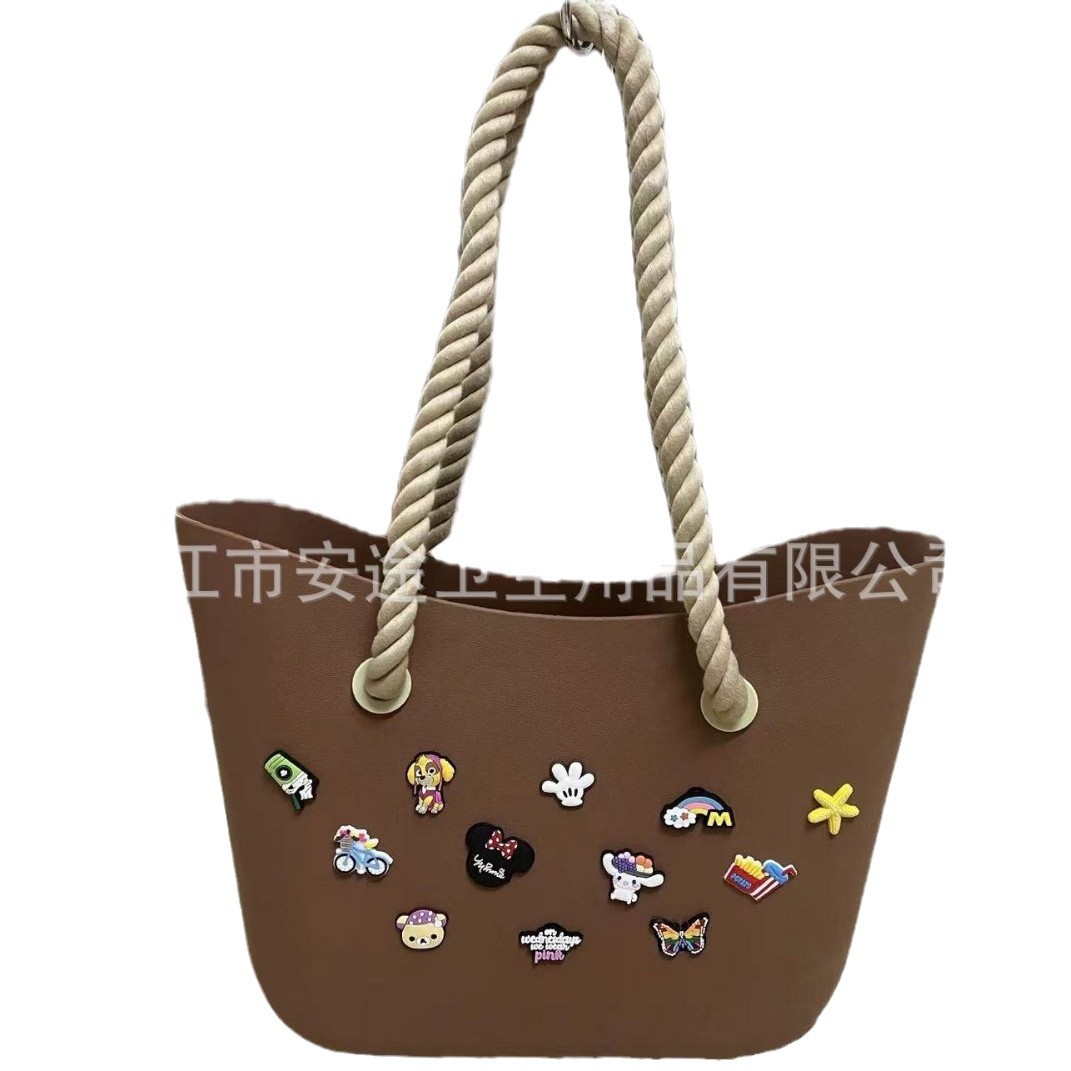 New European and American beach hole bag, women's single-shoulder bag, simple storage basket, linen rope handbag, DIY cute details Picture