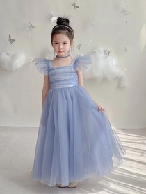 A generation Elsa girl star blue butterfly sleeve princess dress Sparkly dress skirt mesh long dress