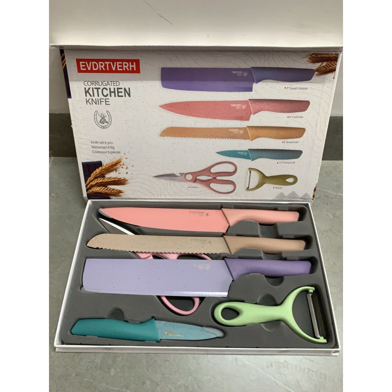 Wheat straw six-piece set of knives, stainless steel kitchen knives, complete set of colored macarons, Western kitchen knives, chef knives and kitchen knives details Picture