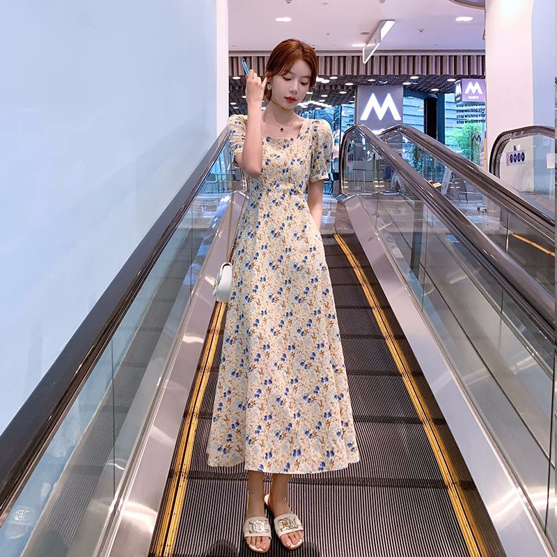 Floral print dress for women's summer 2024 new French retro gentle style, slimming and waist-cinching chiffon long dress, knee-length dress details Picture