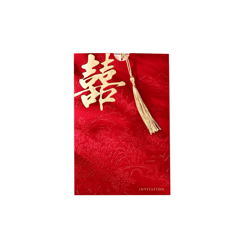 Wedding invitation, velvet fabric, wine red tassels, "happiness" characters, lacquer stickers, Chinese style, Chinese-style wedding invitations, wedding invitations Item Picture