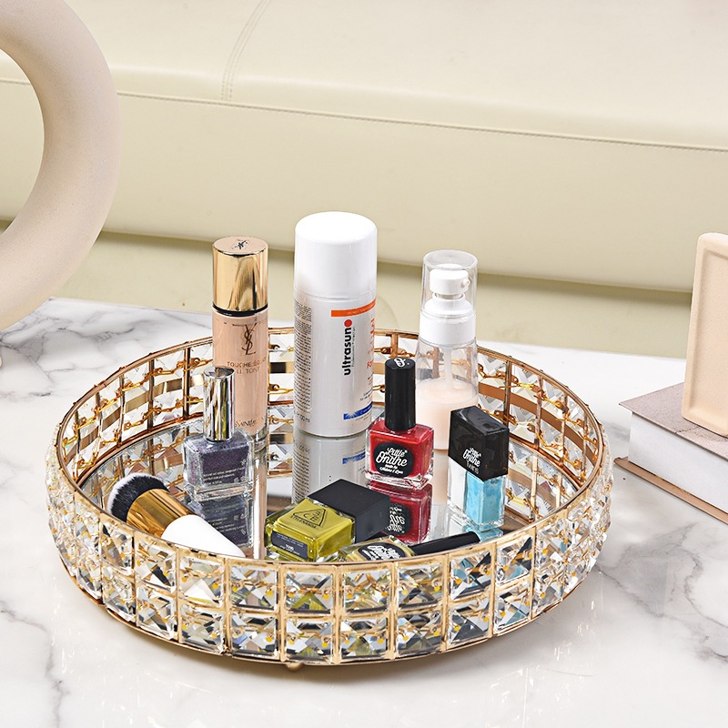 High-end and exquisite foreign trade tray, light luxury, round and high-end feel, key, European golden crystal, Nordic plate decoration