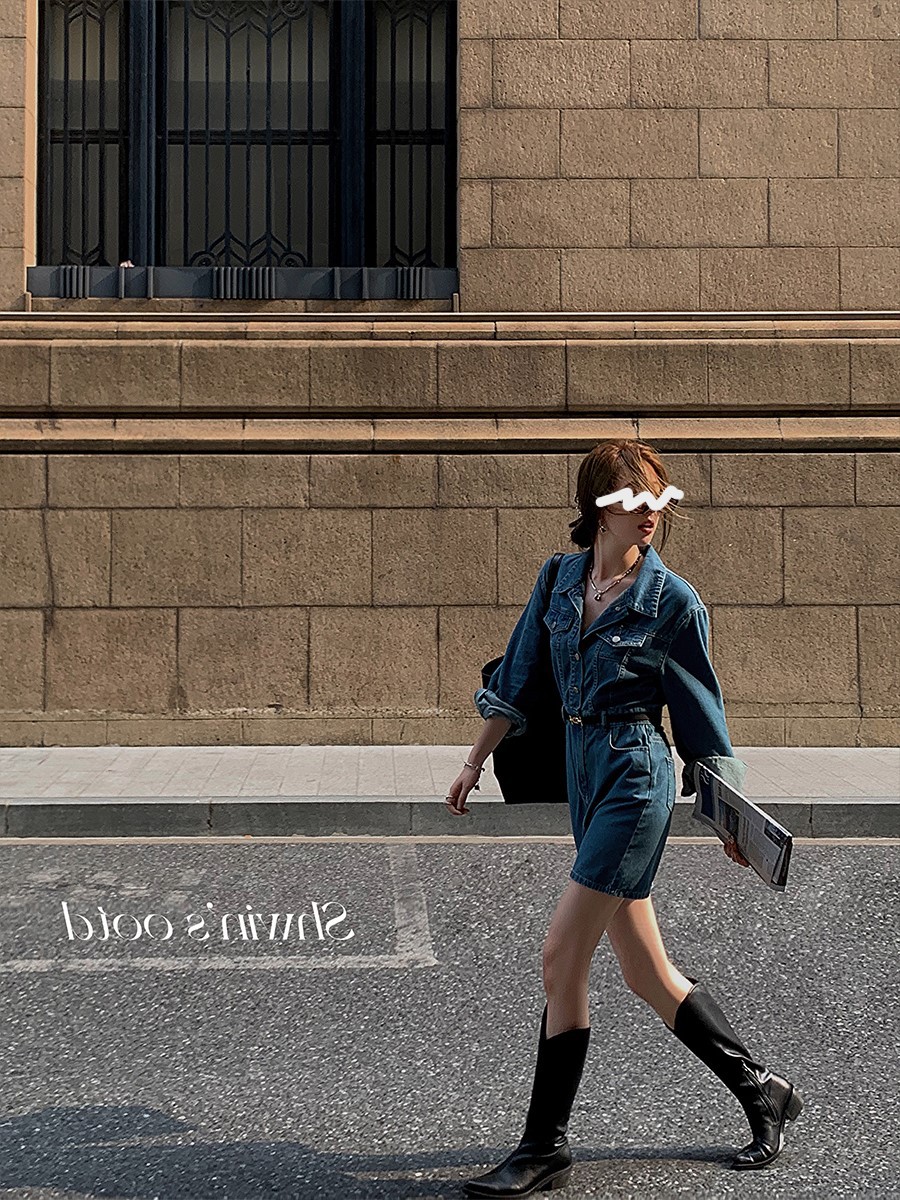 Airport girl's retro-style casual waist-cinching slimming short skirt 2022 autumn long-sleeved denim dress Application Scenario