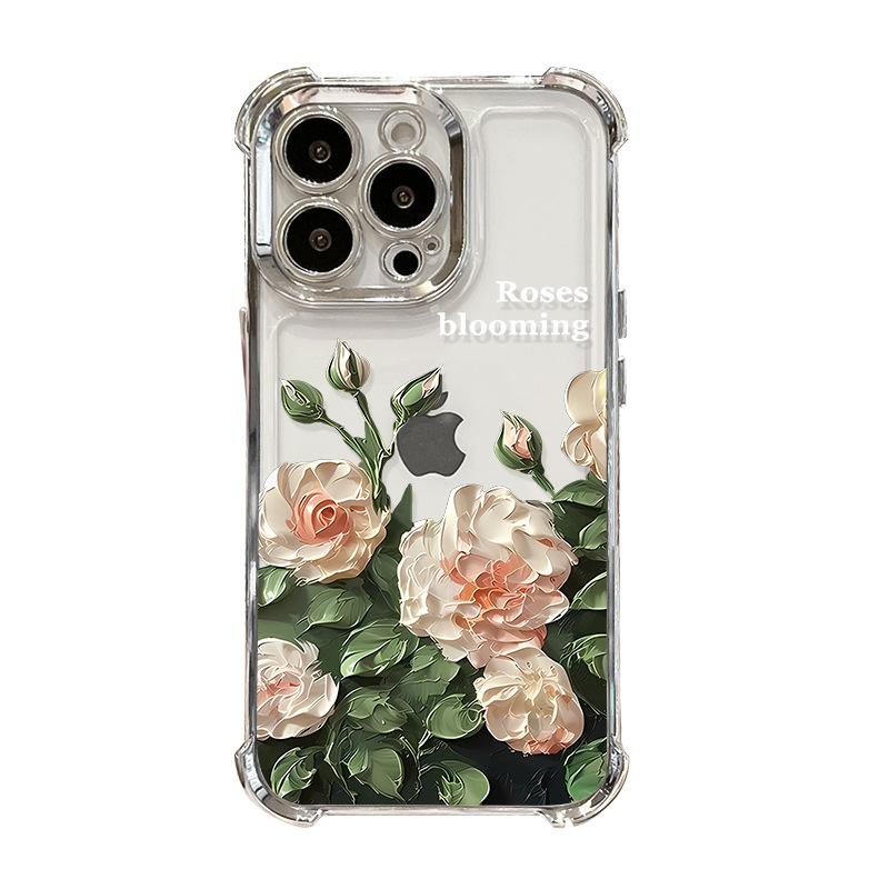适用苹果15手机壳夏季荷花iphone14电镀四角气囊国潮透明软8
