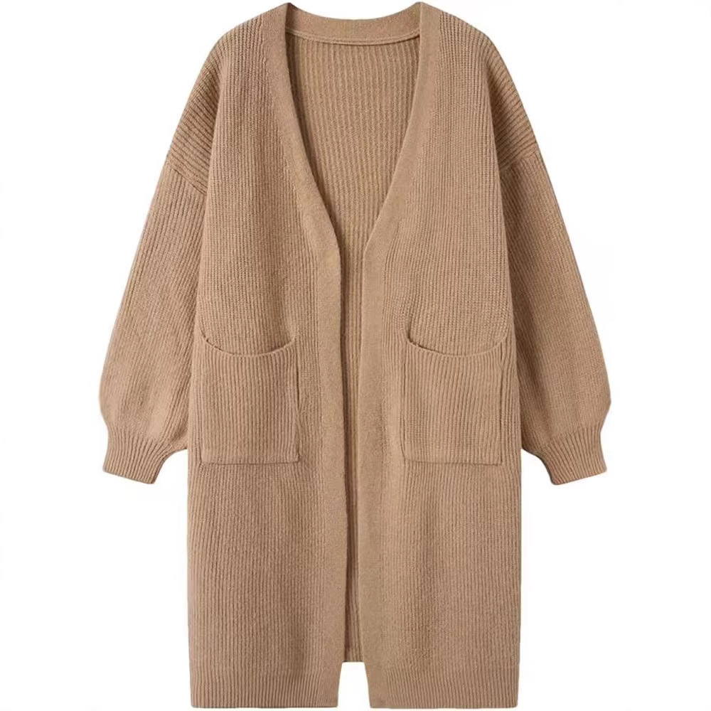 2025 Fashion Women's wear solid-color pocket decorated cardigan, long knitted sweater, coat, autumn and winter cross-border Korean style, lazy full figure