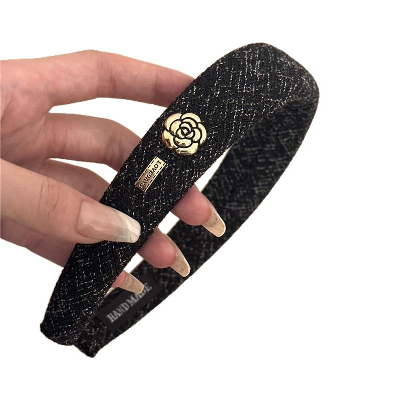 Elegant and retro camellia gold thread sponge hairband, high head Korean-style hairband, scented hairpin, elegant and girlish Item Picture