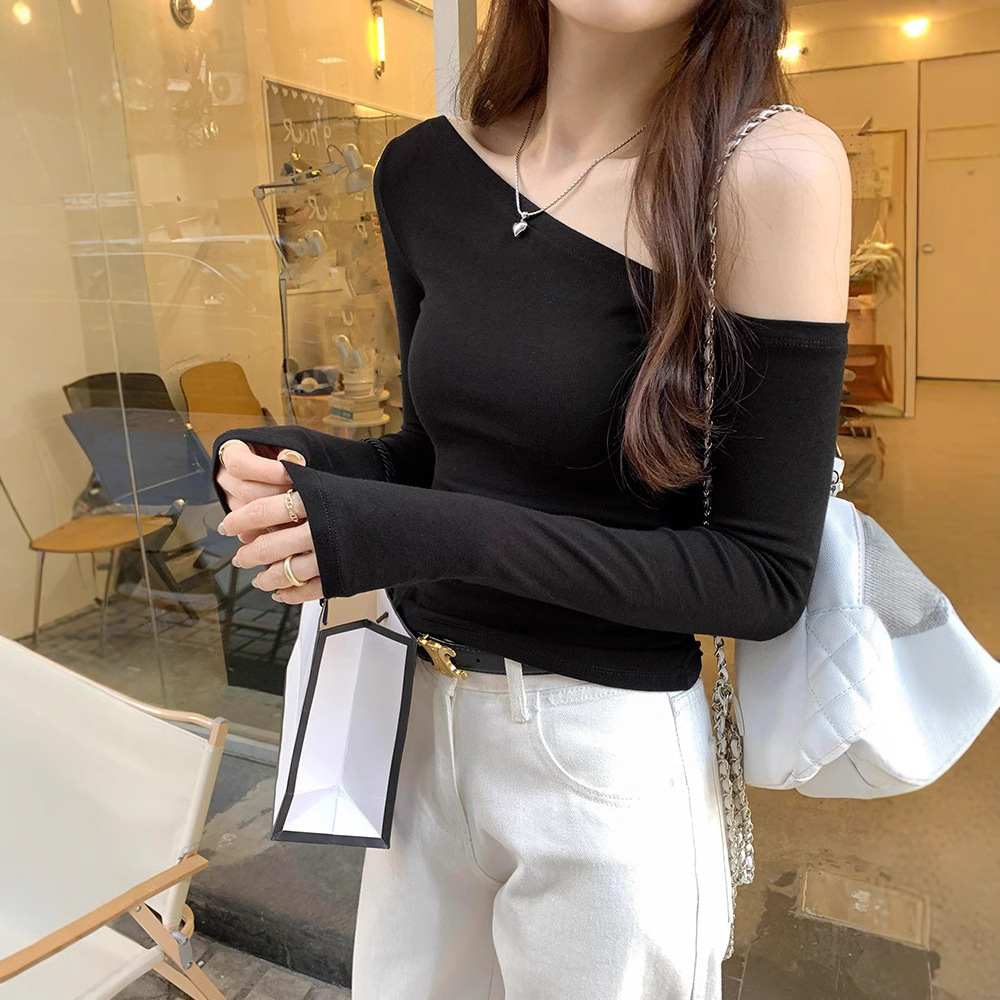 Unique off-the-shoulder design for women, long-sleeved base layer, Spring and Autumn 2025 new one-shoulder slimming T-shirt Specification image