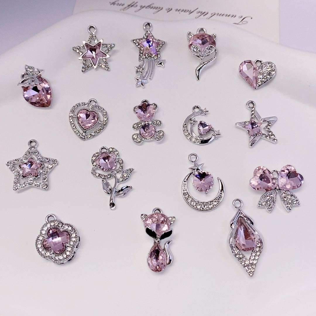 Super beautiful pink-themed crystal heart-shaped diamond five-pointed star pendant, phone case pendant, material necklace, diy accessory