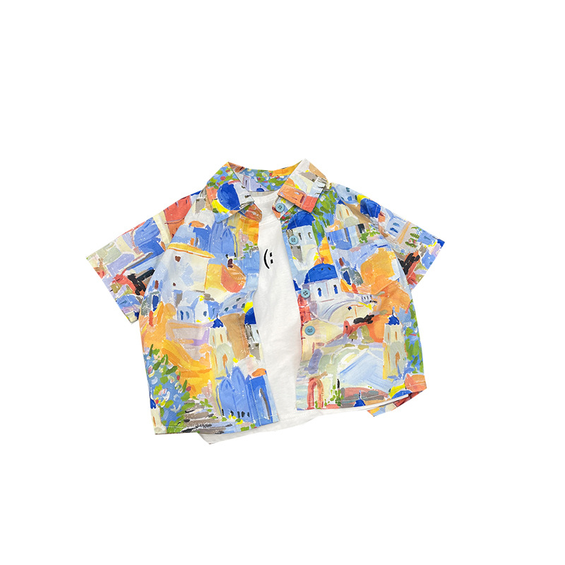 Baby summer cool and stylish boys' shirt, new summer children's cool and fashionable shirt, boys' oil painting short-sleeved top Item Picture