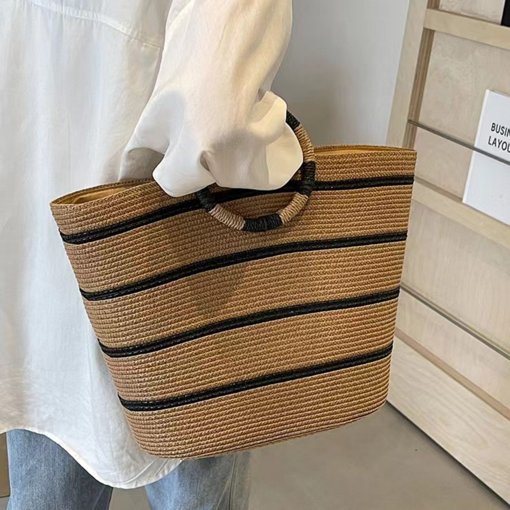 女士手提包平编草编包沙滩包手工编织大容量纸绳菜篮子旅行度假