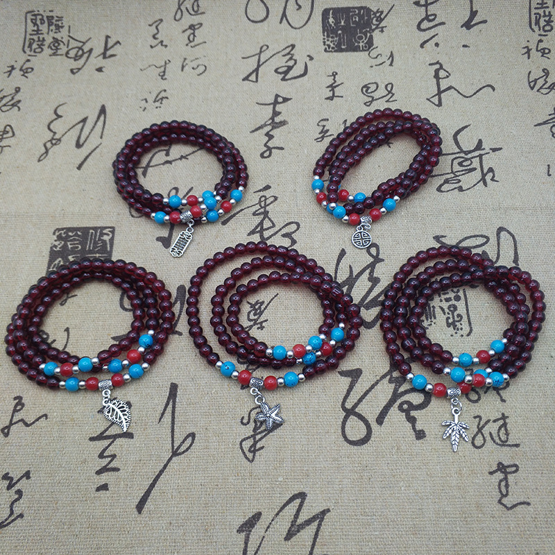 6mm garnet imitation three-circle bracelet, ethnic style multi-circle bracelet, Buddhist prayer beads, cultural and artistic jewelry, live-streaming supply benefits details Picture
