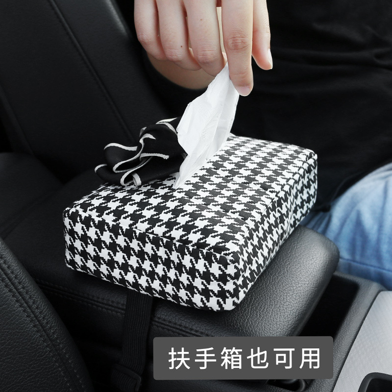 网红车载纸巾袋车用遮阳板千鸟格挂式固定抽纸盒轻奢创意纸巾袋女产品图