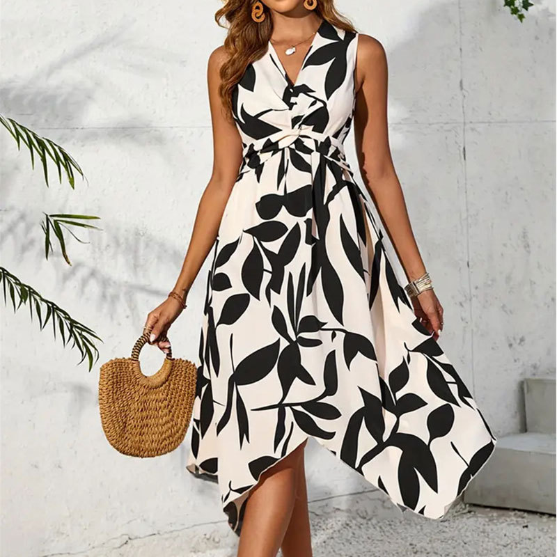 Long Sleeveless Mid-Length Skirt, Leaf Print, Twisted And Irregular Dress, Spring And Summer Women's Design Sense, Cross-Border Trade