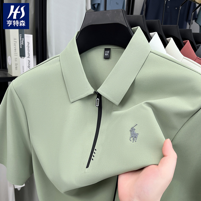 Half-zipper seamless lapel T-shirt for men, 2025 Summer new style brocade ammonia ice silk breathable cool polo shirt for short-sleeved men details Picture