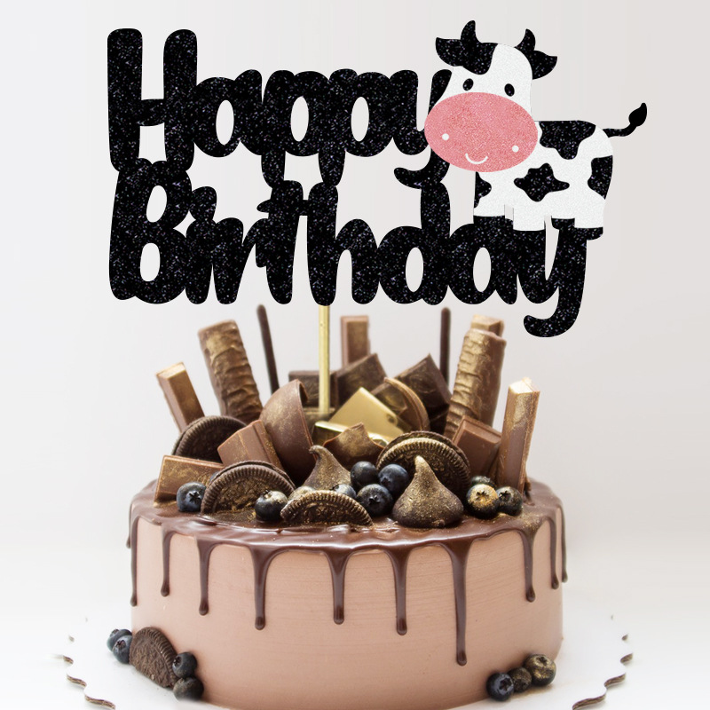 农场动物奶牛生日快乐蛋糕插牌 动物主题宝宝生日派对装饰插签