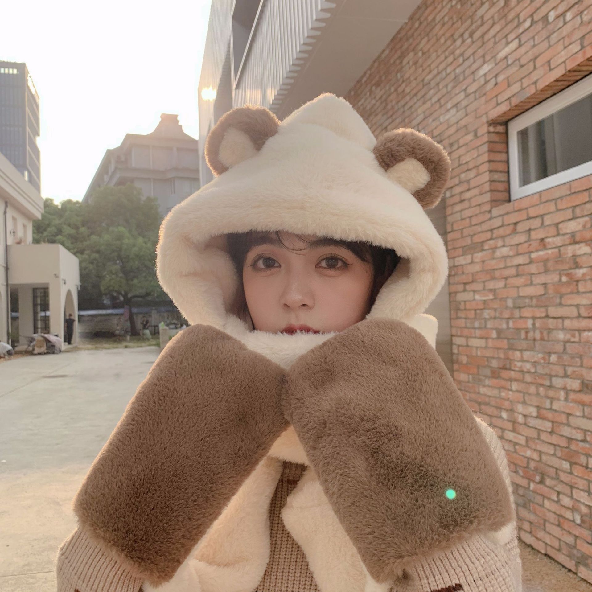 A three-piece set of carefully woven bear ears, scarf, hat and gloves, cross-border autumn and winter warm knitted parent-child scarf for ladies Specification image