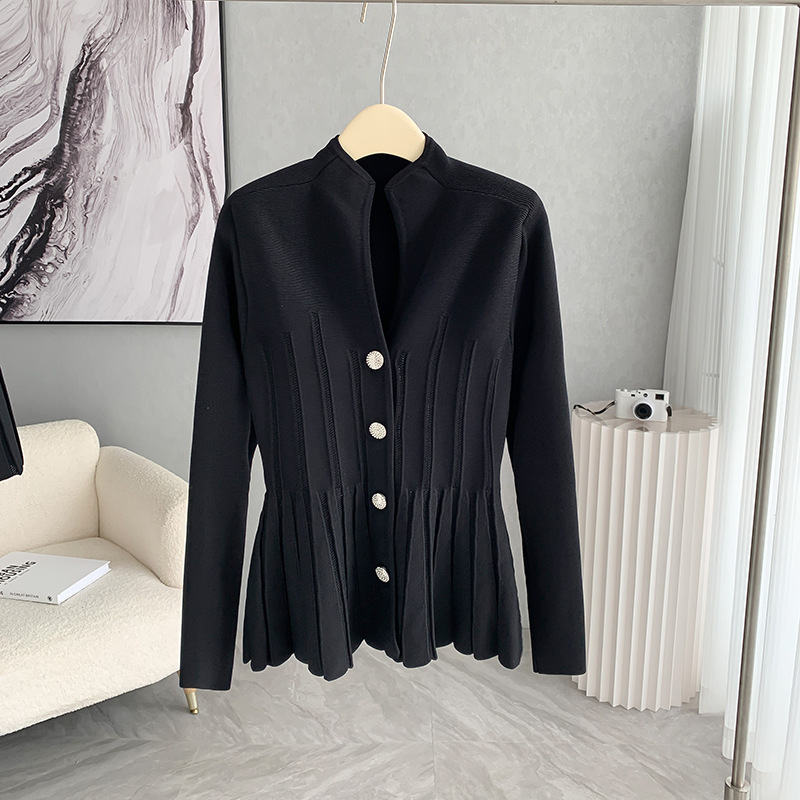 Bajia Heavy Industry Crystal button waist-cinching knitted sweater for women 24 early Autumn new style, slimming and hollowed-out high-end top