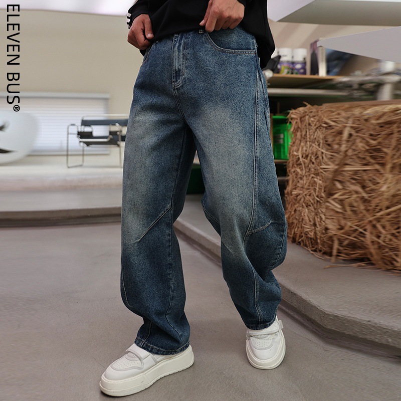 American retro distressed small curved knife casual denim long pants, a new men's trend loose wide-leg straight-leg men's jeans Specification image