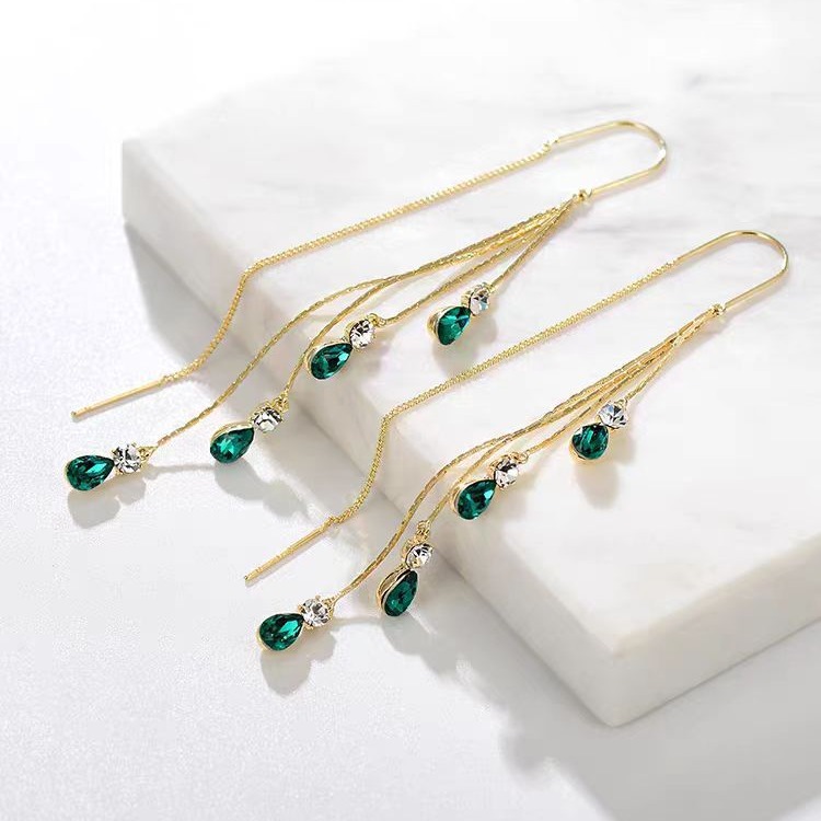 Crystal teardrop ear thread green tassel earrings 2023 new trendy summer high-end long earrings make your face slimmer details Picture