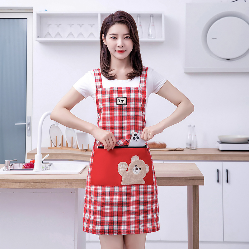 【 Chi Jia 】 Fashionable checkered apron Oil-resistant and stain-resistant Little bear hand-wiping skirt, kitchen and home work clothes details Picture