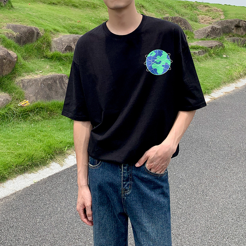 【 Clearance Sale 】 Round-neck short-sleeved T-shirt for men, summer Korean style, loose, pure cotton, high-end printed half-sleeved T-shirt details Picture