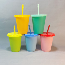 新品创意水杯 PP材质感温16OZ塑料变色杯 冷水变色吸管杯批发可定                          
