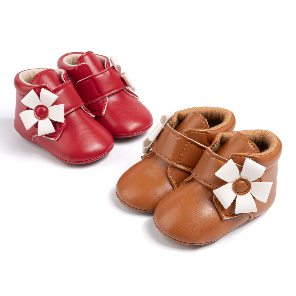 2025跨境秋冬新款婴儿鞋保暖皮靴花朵魔术贴防滑学步鞋baby shoes