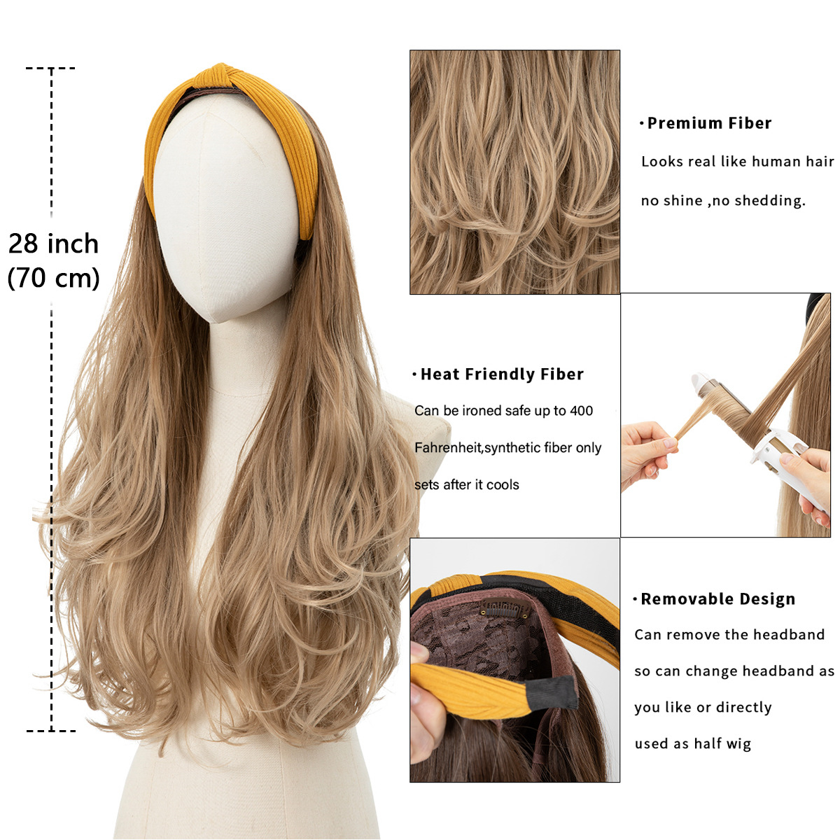 Cross-border European and American wigs, women's hair replacement, long curly hair bands, half head coverings, large wave synthetic fiber half head coverings, hairwigs details Picture