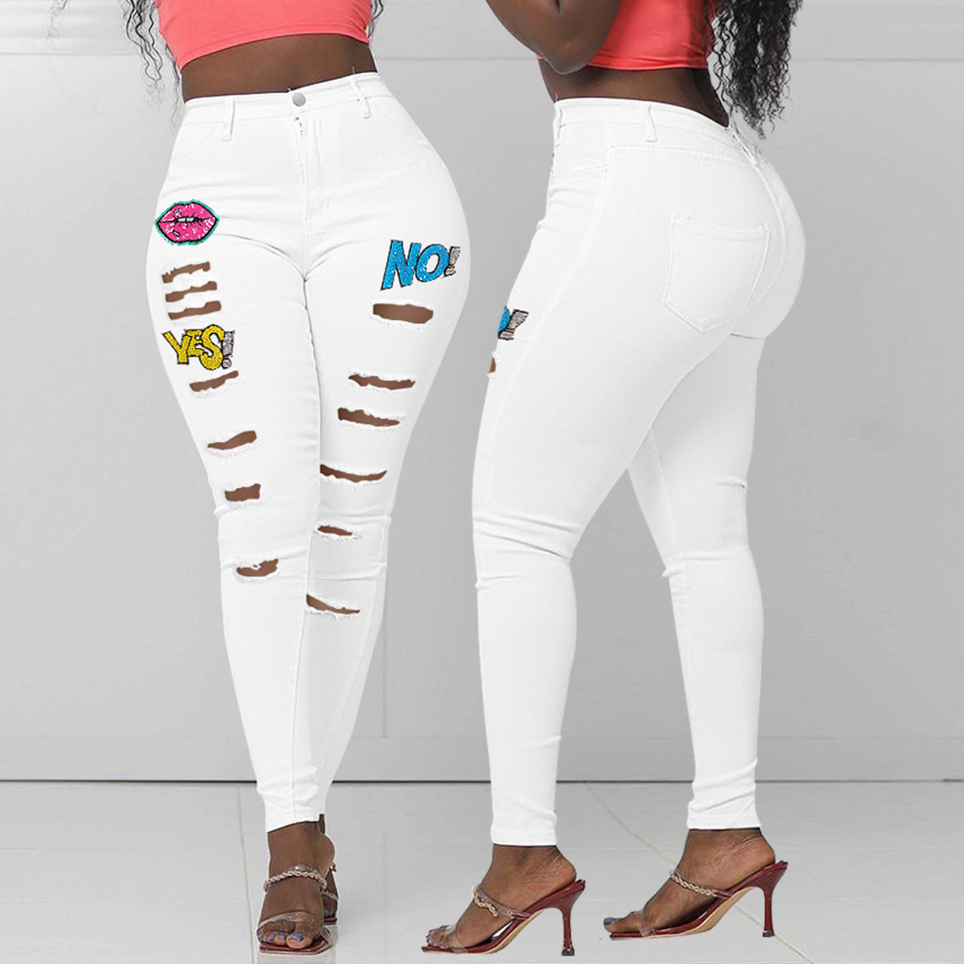 YH10660 Cross-border Amazon European and American denim perforated, fashionable and personalized printed tight skinny women's jeans