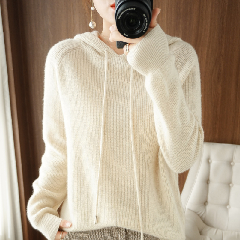 New autumn and winter knitted sweater, hooded women's hoodie, loose and casual hooded solid-colored long-sleeved sweater, versatile women's coat details Picture