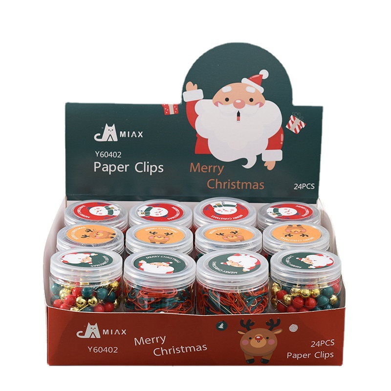 Cross-border Christmas paperclip creative round bucket red and green long-tail clip cultural and creative binding gift, golden Earth nail display box Item Picture