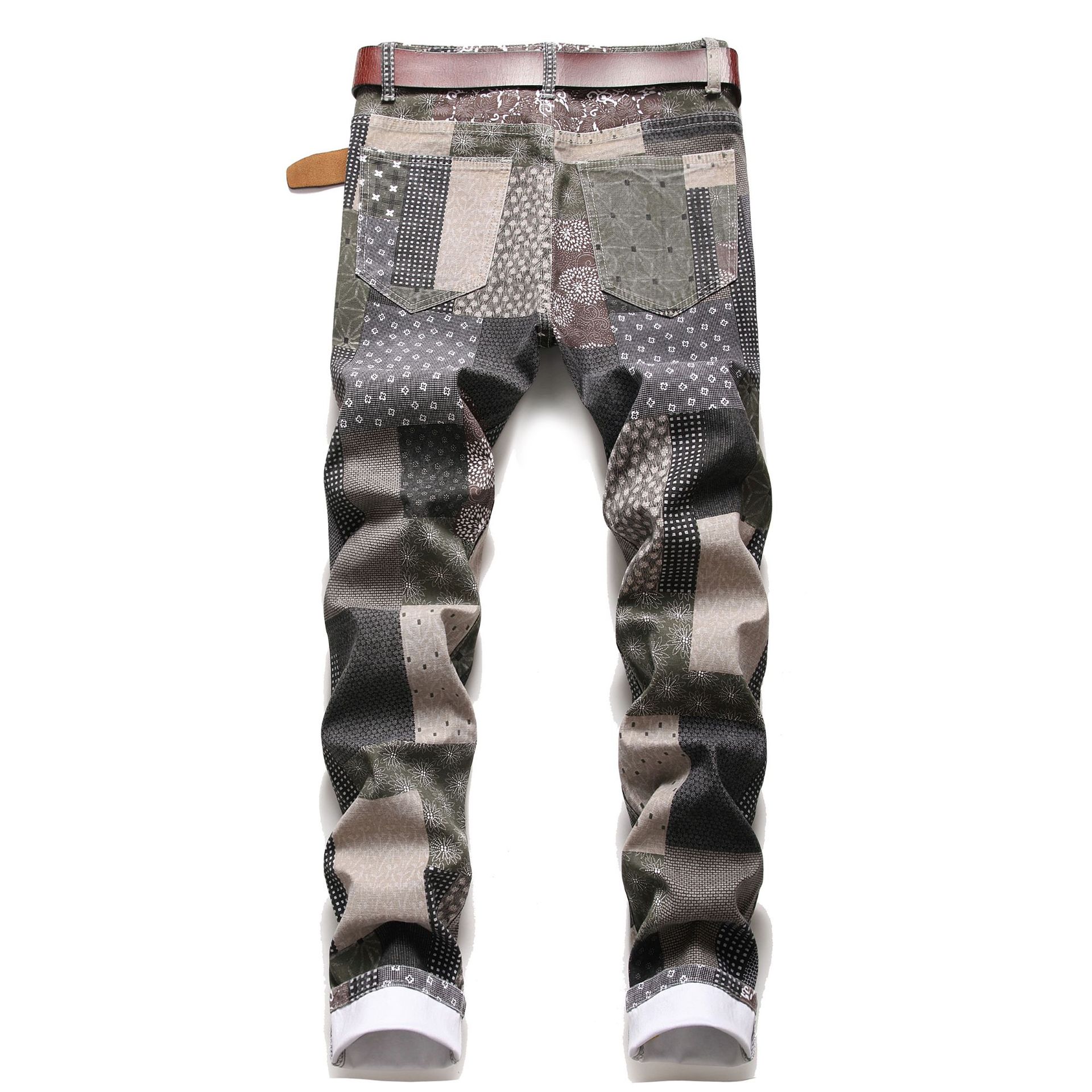 Original European and American multi-color, personalized and fashionable printed patchwork checkered stretch small straight-leg street trend jeans details Picture