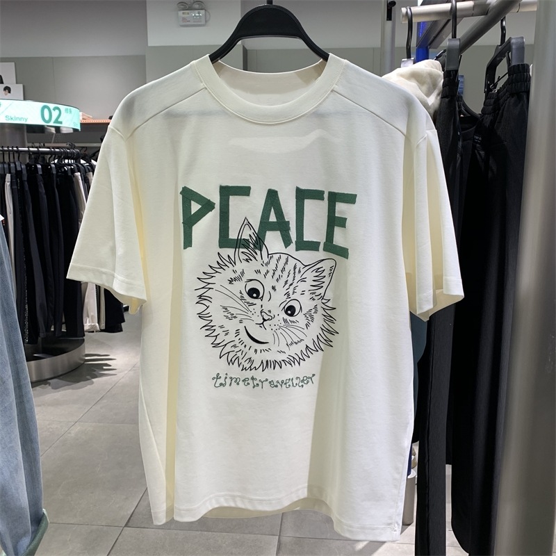 2024春夏款男士猫咪刺绣宽松情侣款街潮米色休闲短袖T恤B1CNE1236