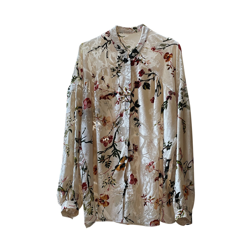 This spring and summer new Korean-style retro court-style velvet printed shirt is loose, slimming, casual, smooth and slightly transparent for women Item Picture