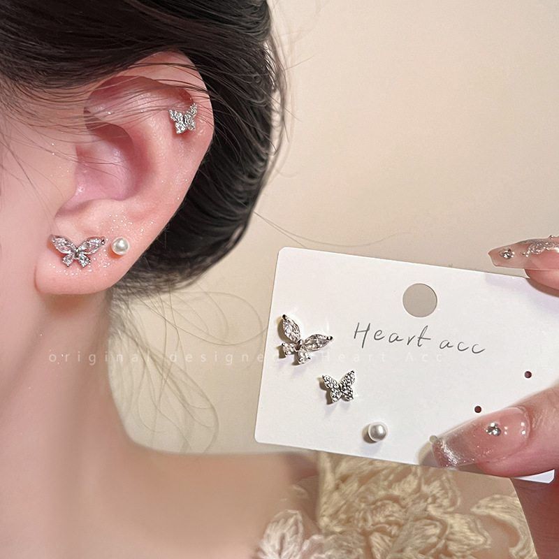 韩式时尚百搭微镶锆石蝴蝶三件套套装耳钉S925银针气质小巧耳环扣