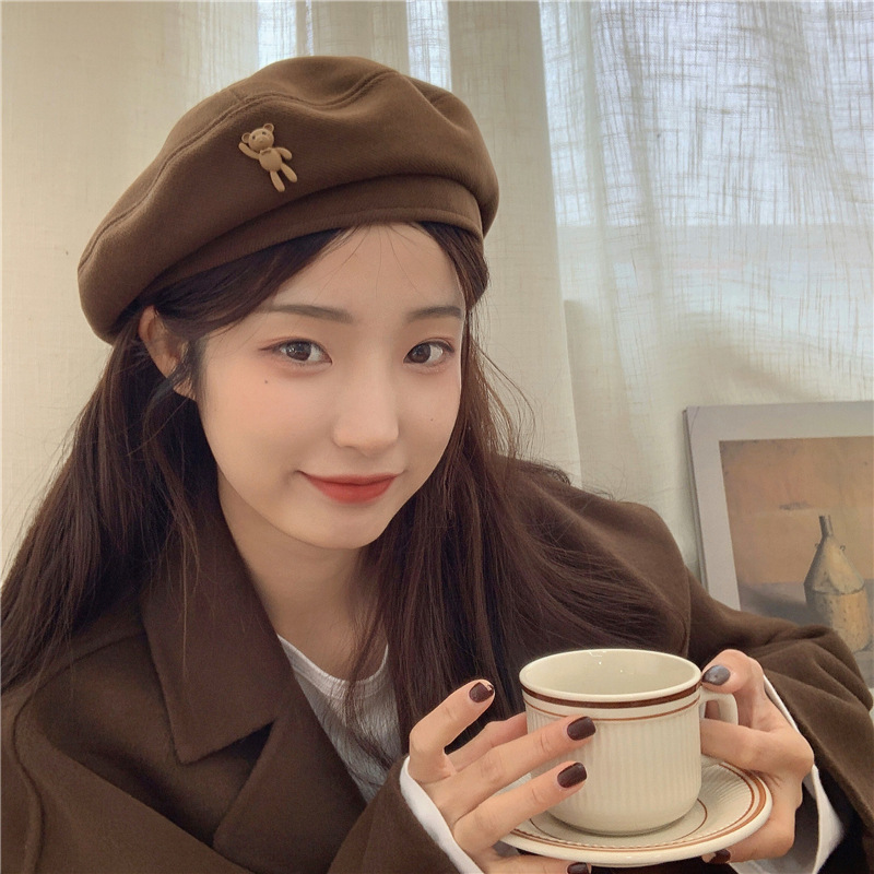 Your Baby Bear ~ Japanese Retro Cartoon Brown Wool Beret Female Autumn/Winter Chic Temperament Painter Hat Male