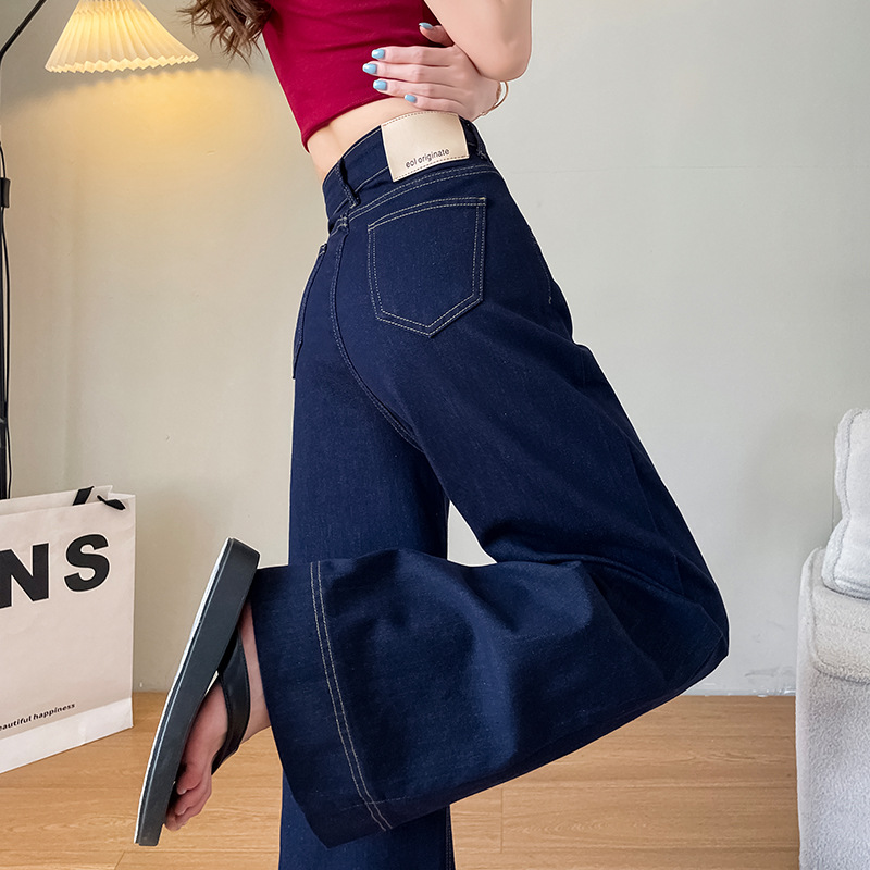 Dark blue wide-leg loose jeans for women spring and autumn new high-waisted loose straight-leg denim wide-leg pants with fleece
