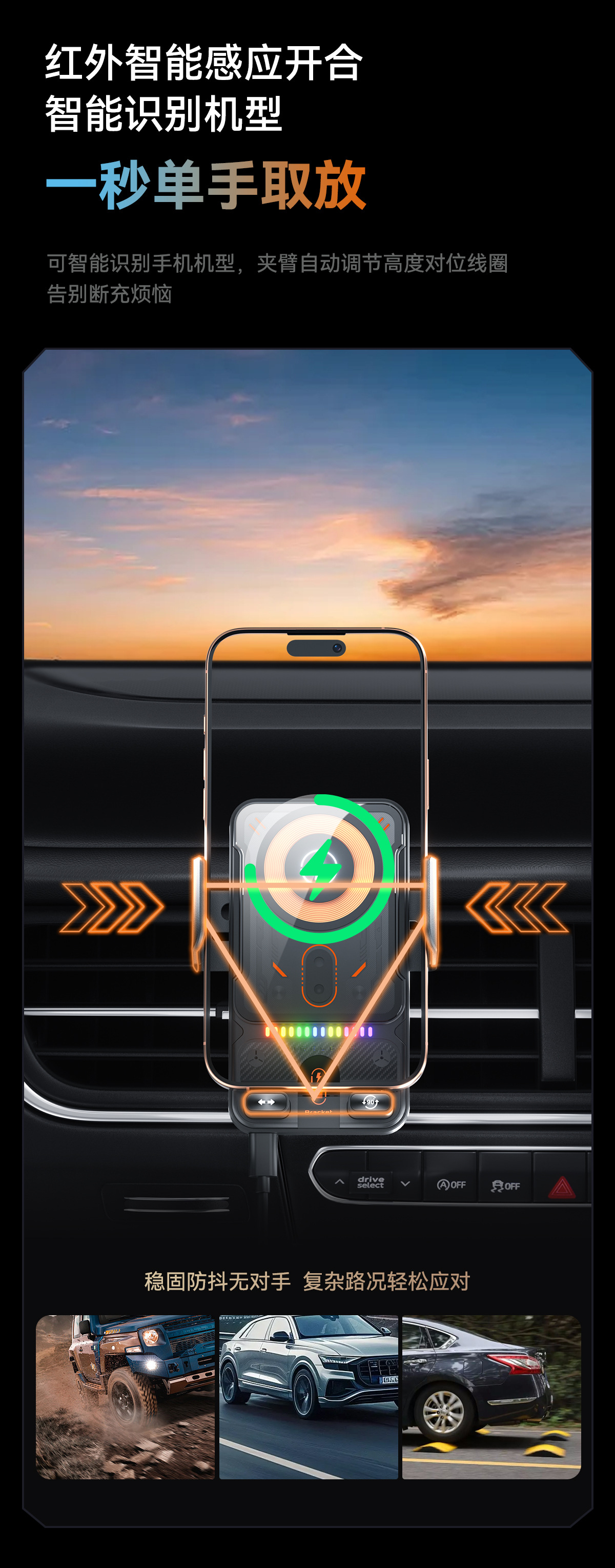 新款车载支架 红外电动感应无线充充电器 出风口导航手机支架旋转详情14