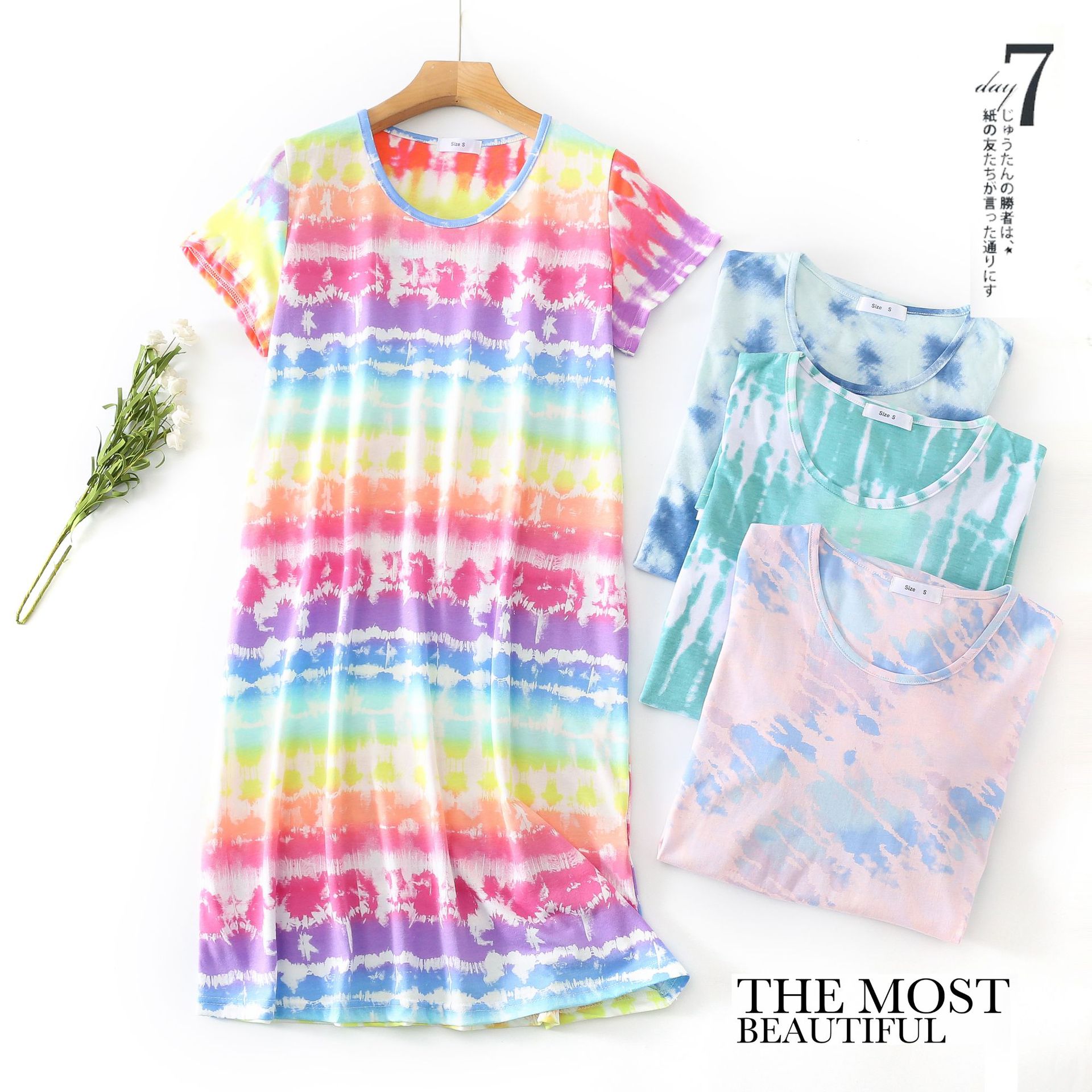Cross-border summer sleeping dress for women, plate-size cute cartoon cotton home wear, knitted sweet plate-size short-sleeved round-neck pajamas Specification image