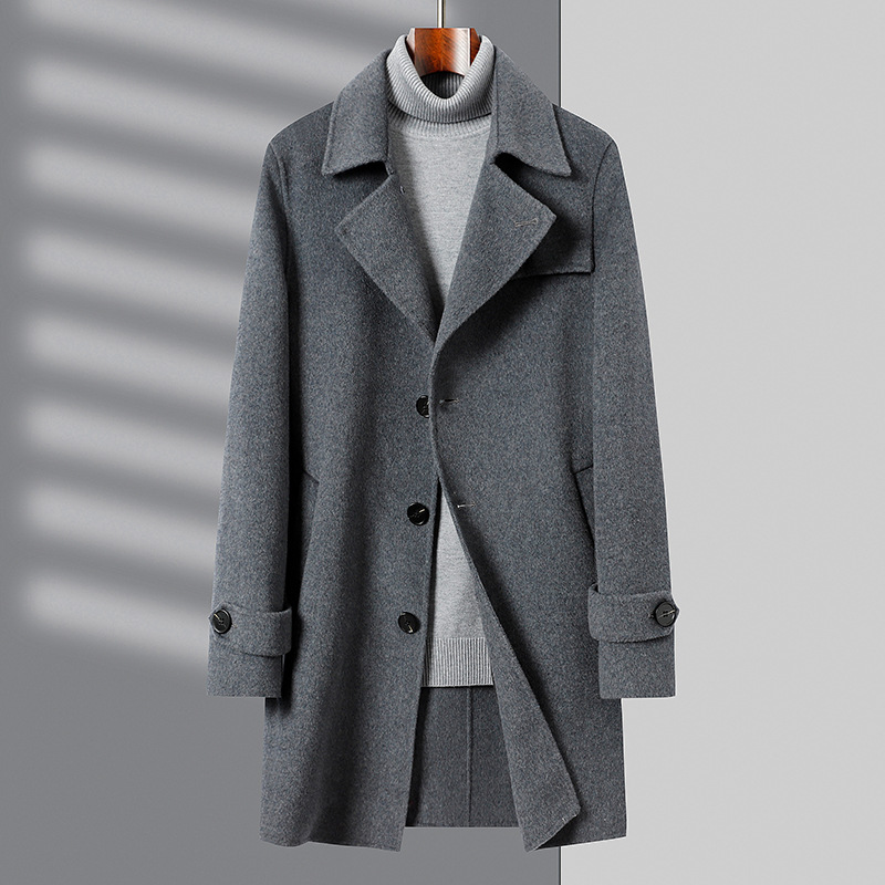 2023 nueva versión coreana de temperamento de lana fedora abrigo hombre color sólido estilo medio largo engrosado doble frente tweed trench