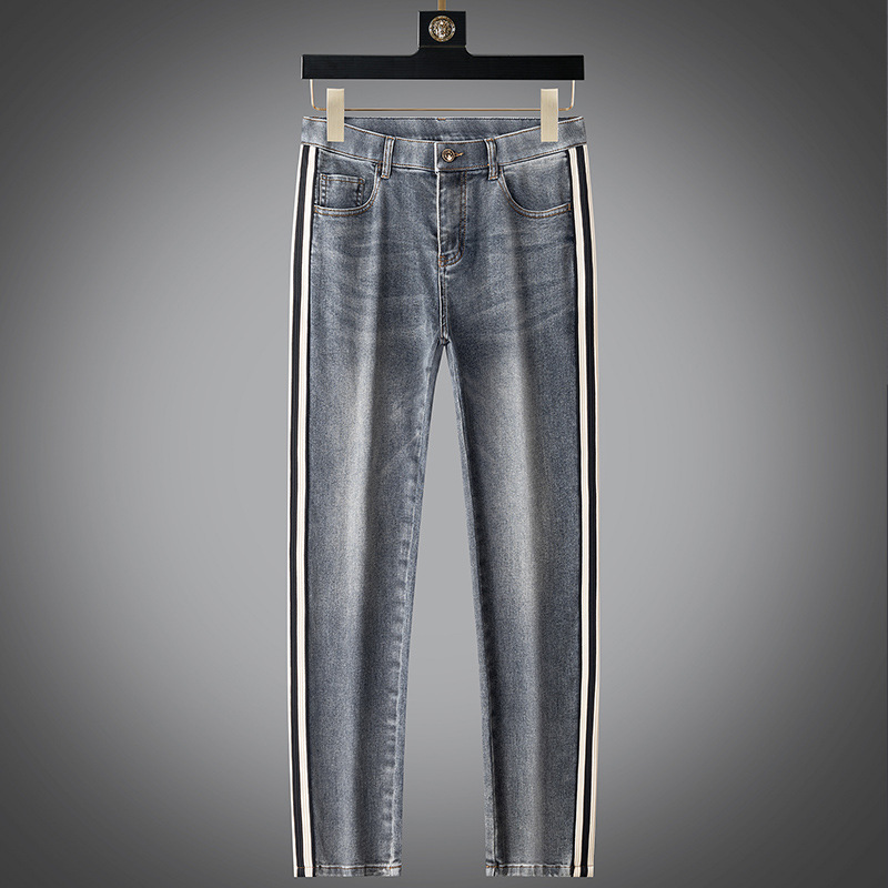 Men's autumn and winter slim-fit straight-leg patchwork webbing jeans, European style, soft washed, aged, slightly elastic casual pants for men details Picture