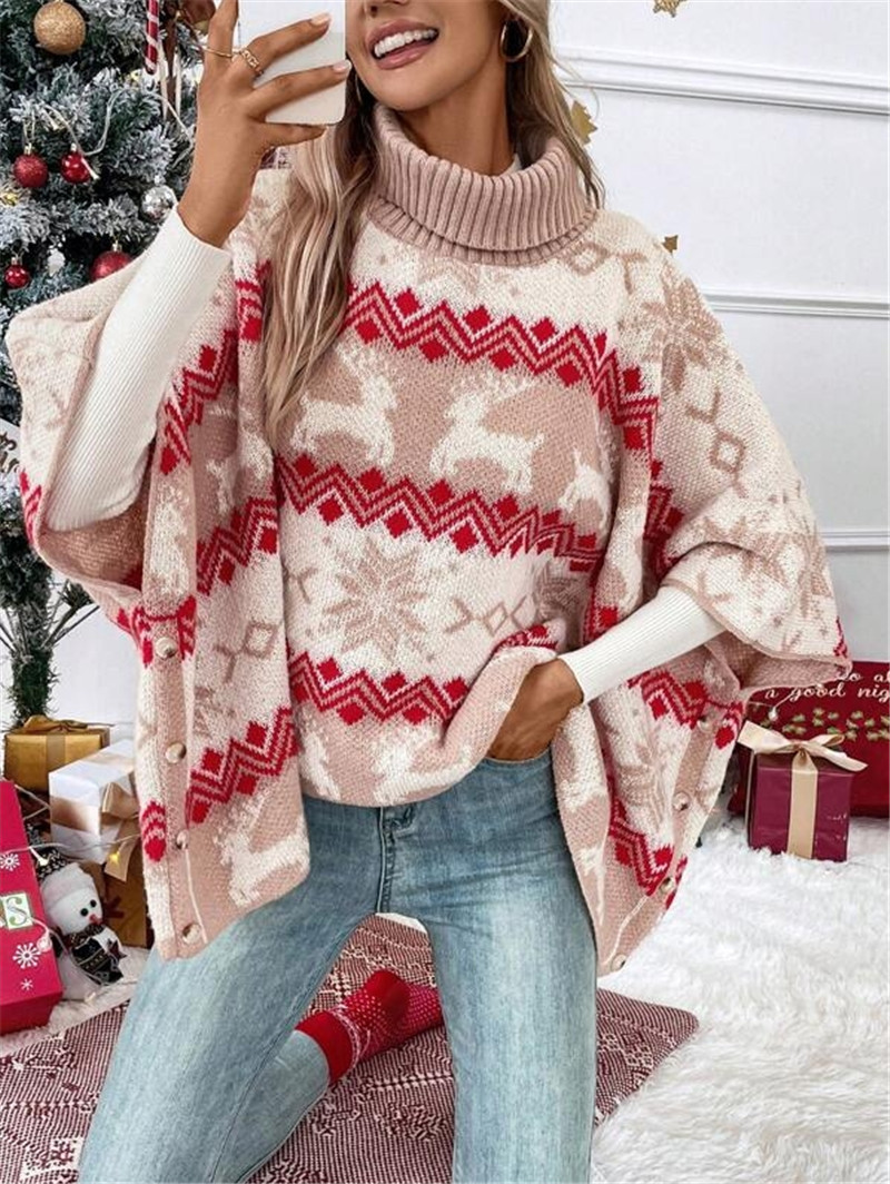Autumn and winter sweaters, new cross-border Amazon high-neck Christmas sweaters from Europe and America, moose color-blocking pattern batsleeve sweaters Specification drawing