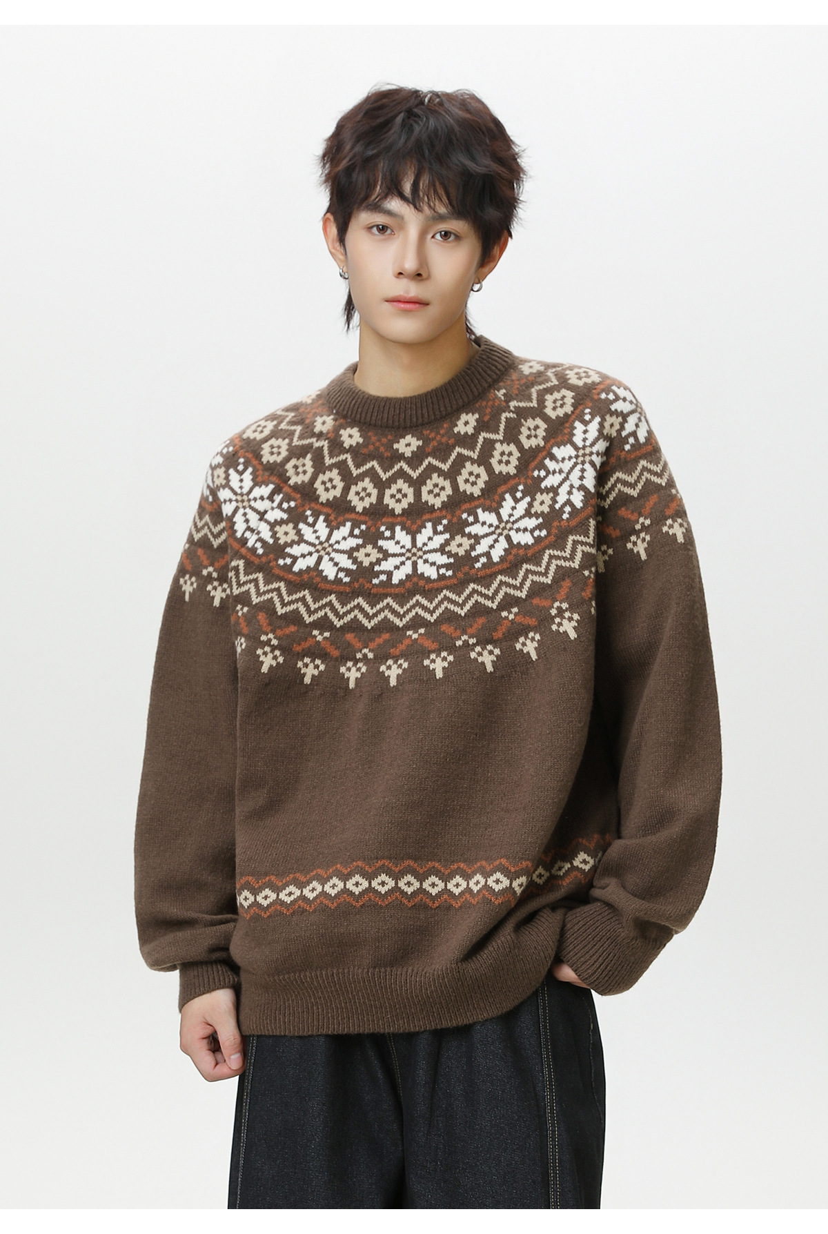 费尔岛民族风圆领毛衣男秋冬新款美式复古肌理百搭套头针织衫外套详情28