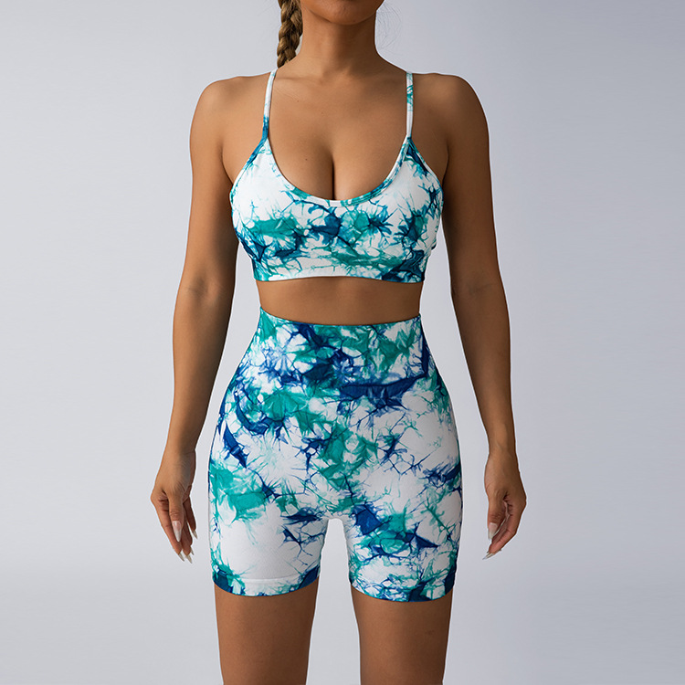 European and American two-color tie-dyed seamless bra, shoulder pad, adjustable bra, hip lift, yoga shorts for women details Picture