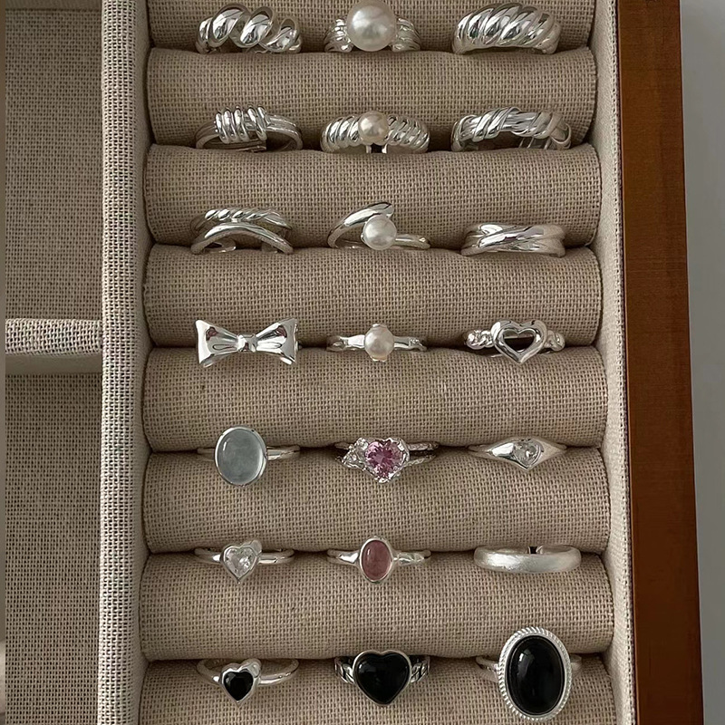 韩国东大门新款小众设计感百搭戒指女麻花极简风组合锆石开口手饰