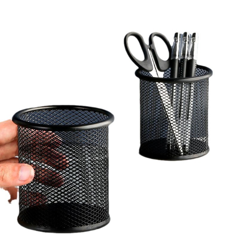 圆形网格金属笔筒收纳学生办公桌面多功能创意简约磨砂透明收纳盒